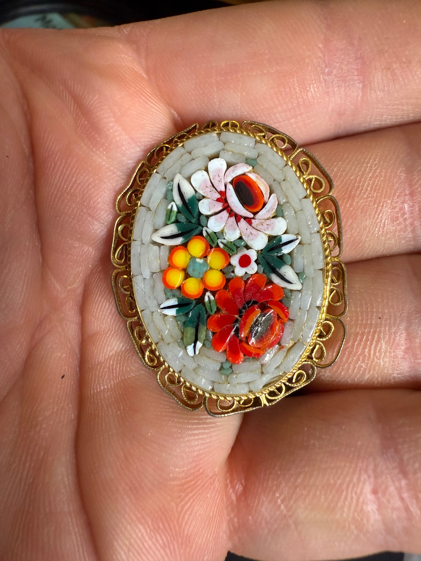 Vintage Italian Micro Mosaic Floral Brooch Gold Tone Filigree