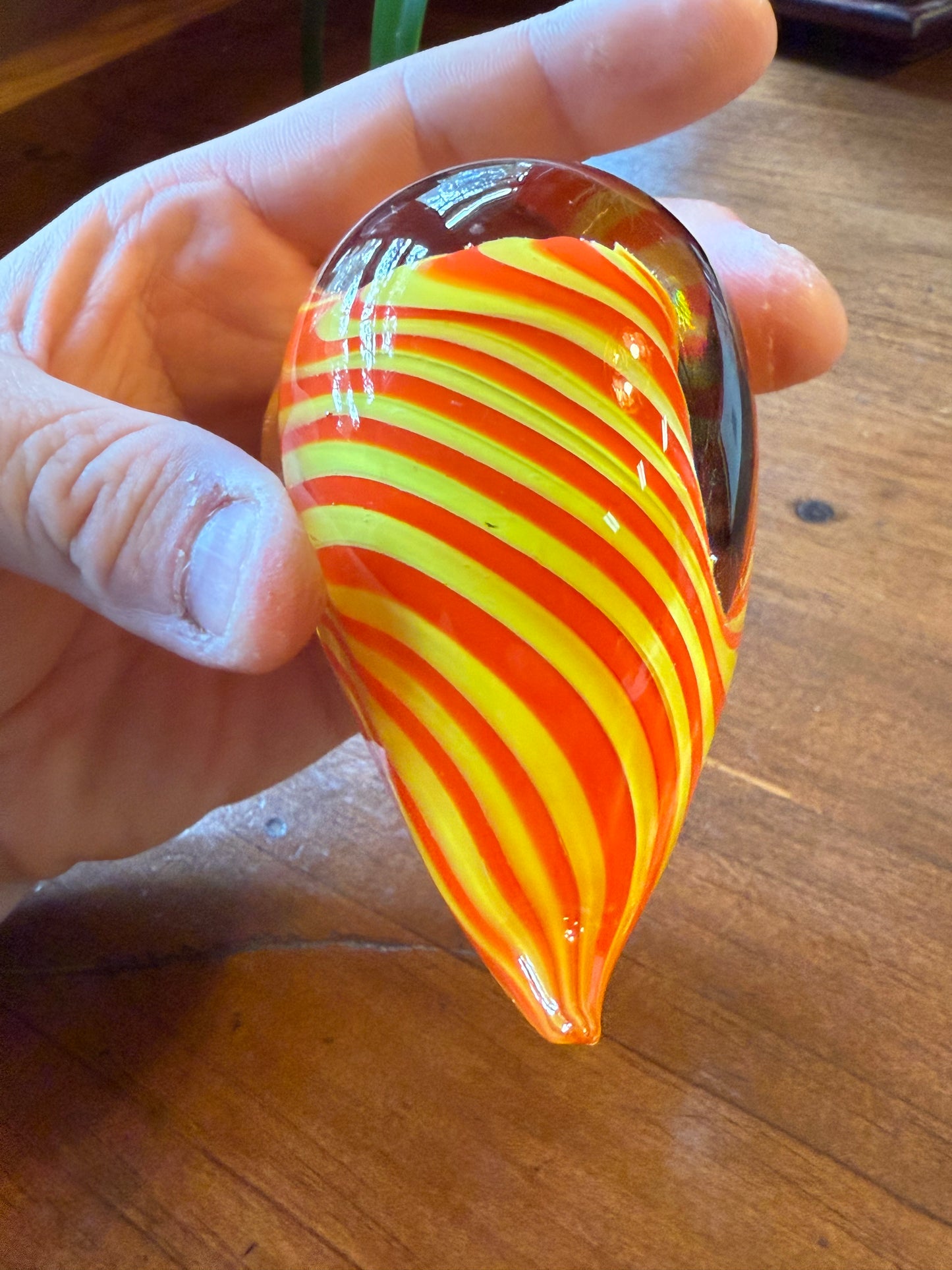 Murano Style Art Glass Heart Paperweight Orange Yellow Swirl Blown Glass