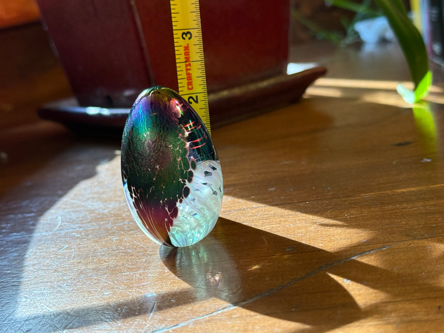 Hand Blown Art Glass Egg Paperweight Multicolor Inclusions 2.25”