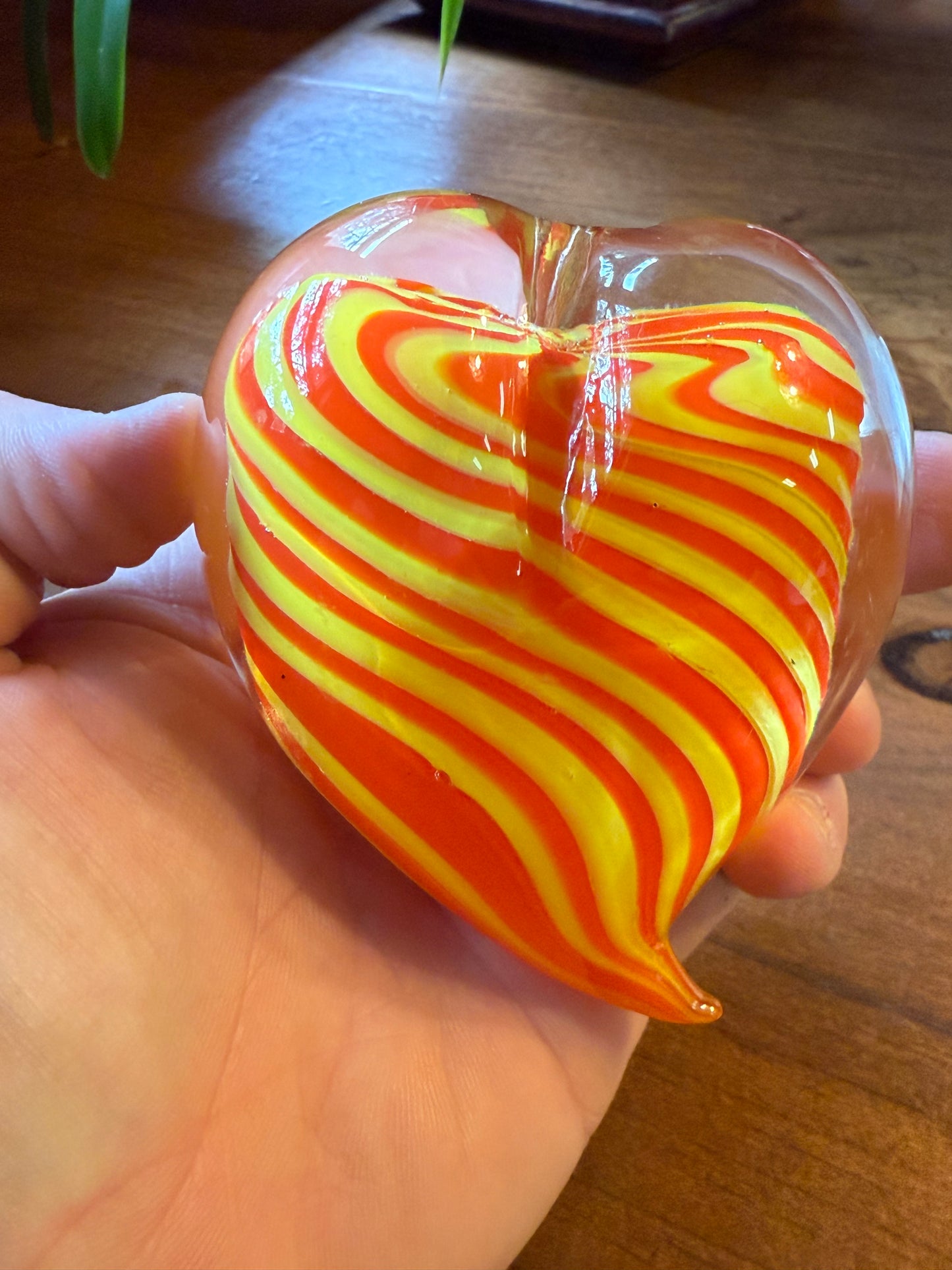 Murano Style Art Glass Heart Paperweight Orange Yellow Swirl Blown Glass