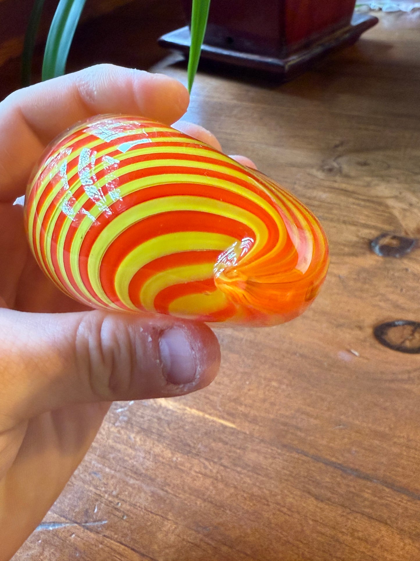 Murano Style Art Glass Heart Paperweight Orange Yellow Swirl Blown Glass