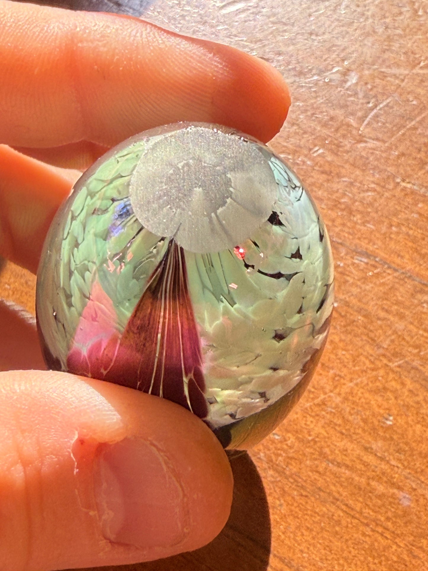 Hand Blown Art Glass Egg Paperweight Multicolor Inclusions 2.25”