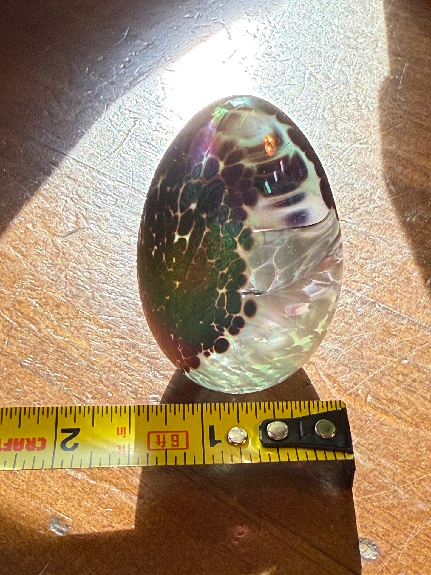 Hand Blown Art Glass Egg Paperweight Multicolor Inclusions 2.25”
