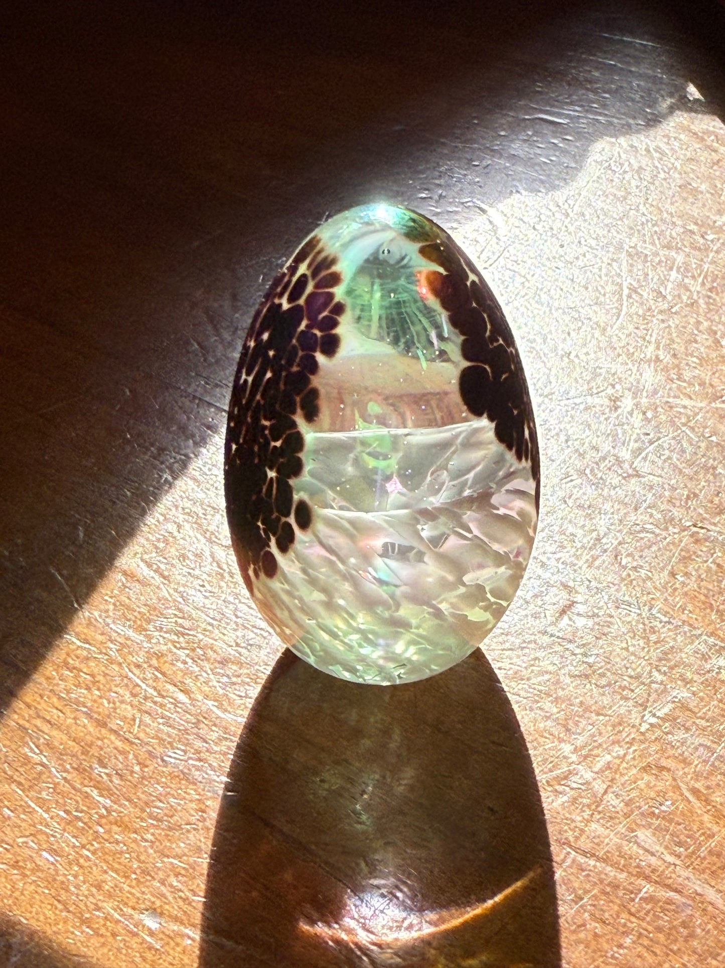 Hand Blown Art Glass Egg Paperweight Multicolor Inclusions 2.25”