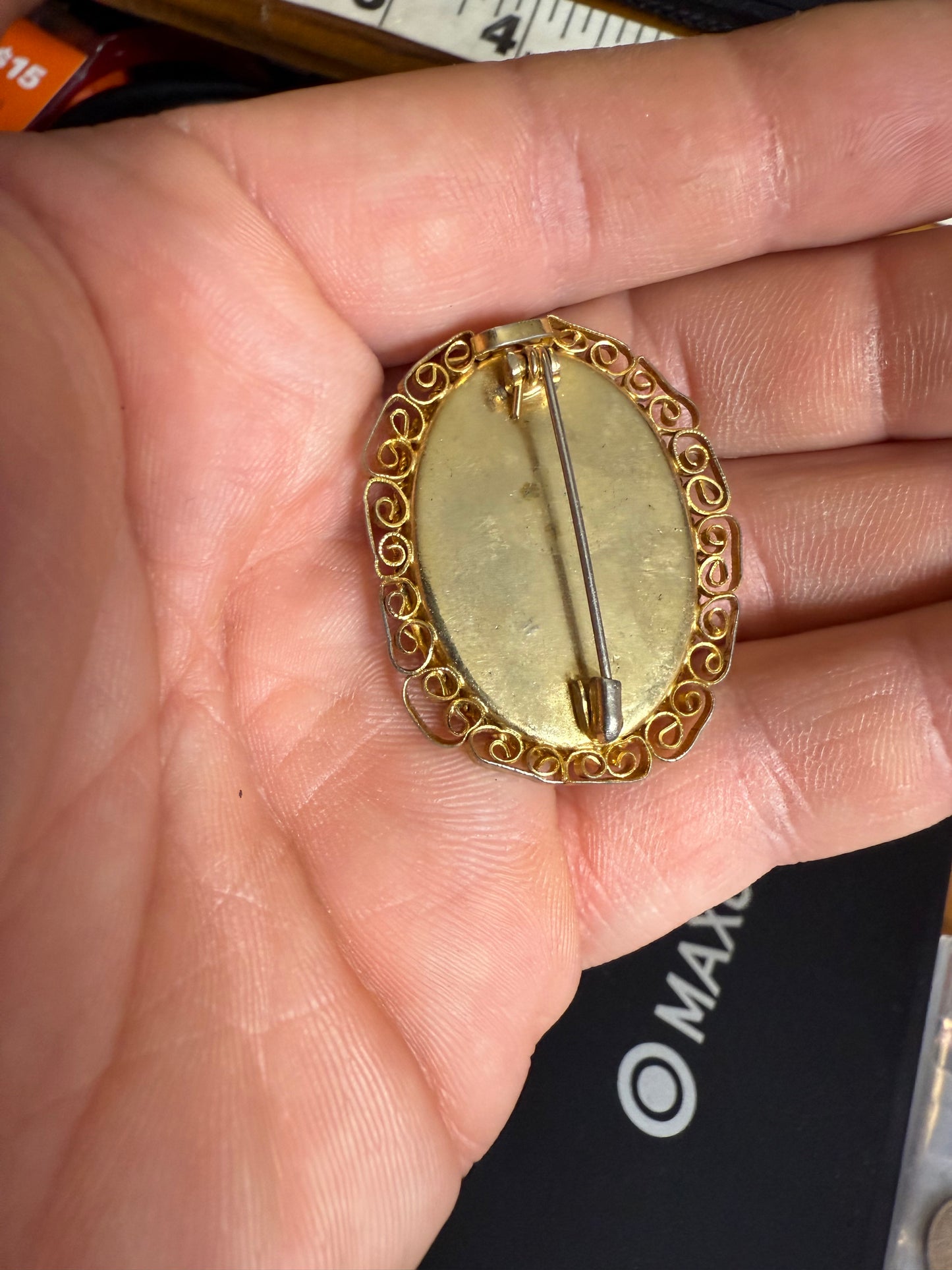 Vintage Italian Micro Mosaic Floral Brooch Gold Tone Filigree