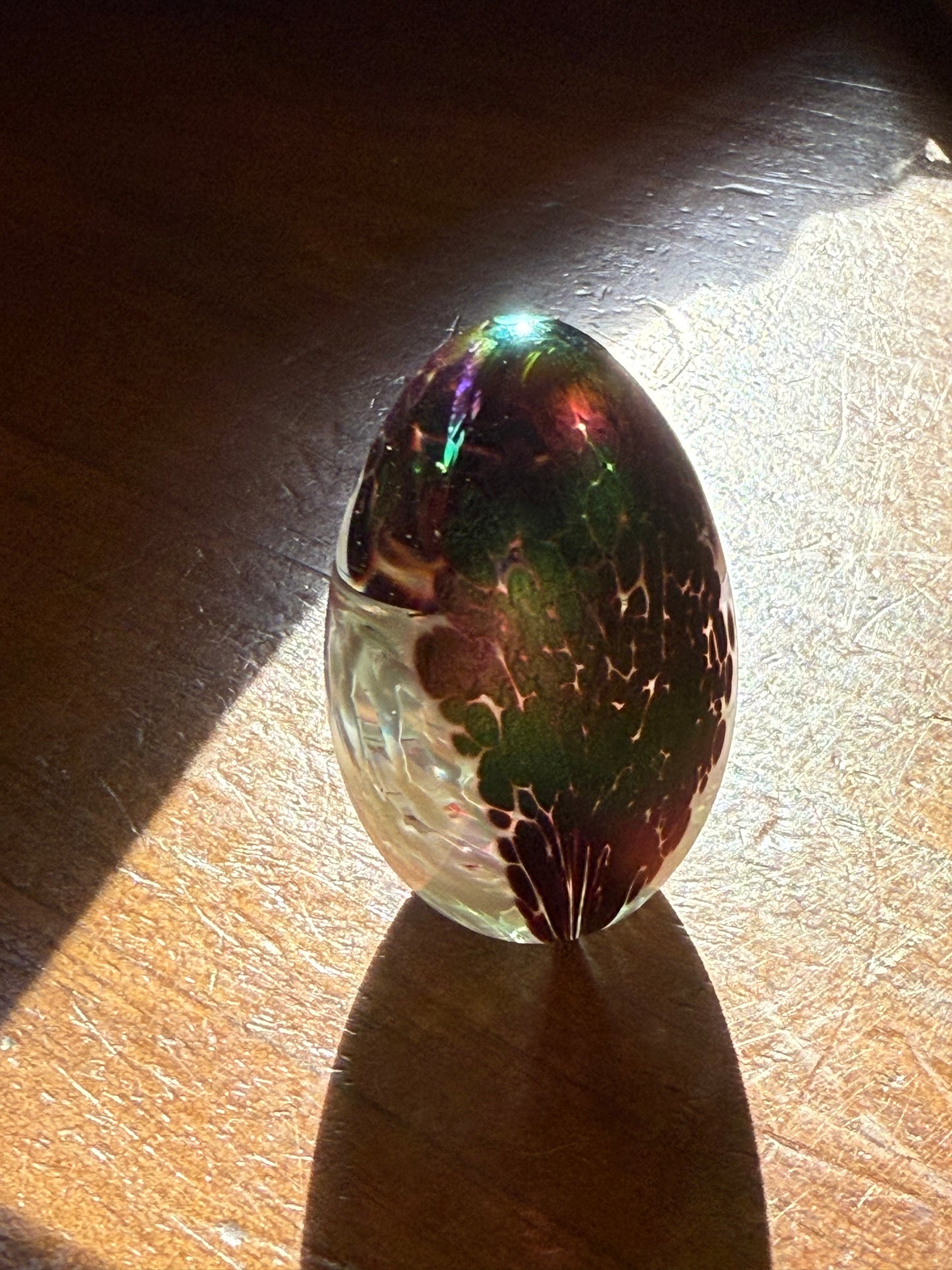 Hand Blown Art Glass Egg Paperweight Multicolor Inclusions 2.25”