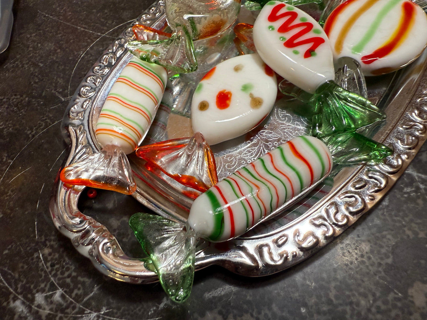 Lot of 8 Vintage / Murano Style Glass Candies - Christmas Themed (tray not included)