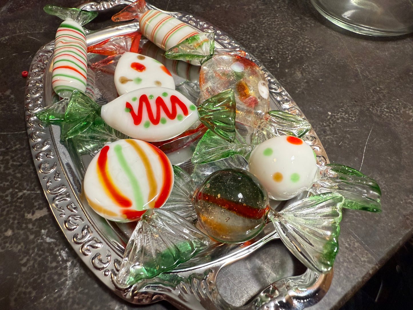 Lot of 8 Vintage / Murano Style Glass Candies - Christmas Themed (tray not included)