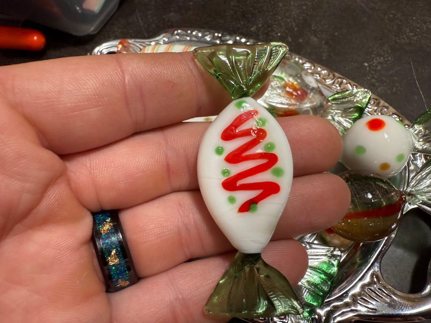 Lot of 8 Vintage / Murano Style Glass Candies - Christmas Themed (tray not included)