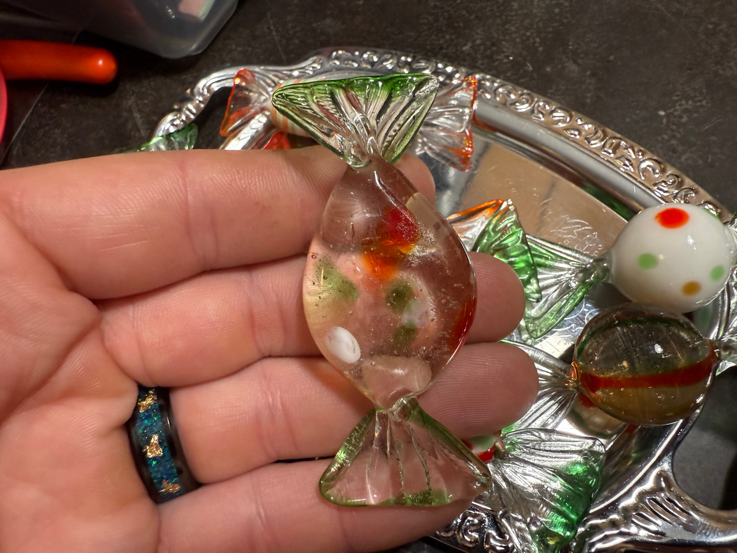 Lot of 8 Vintage / Murano Style Glass Candies - Christmas Themed (tray not included)