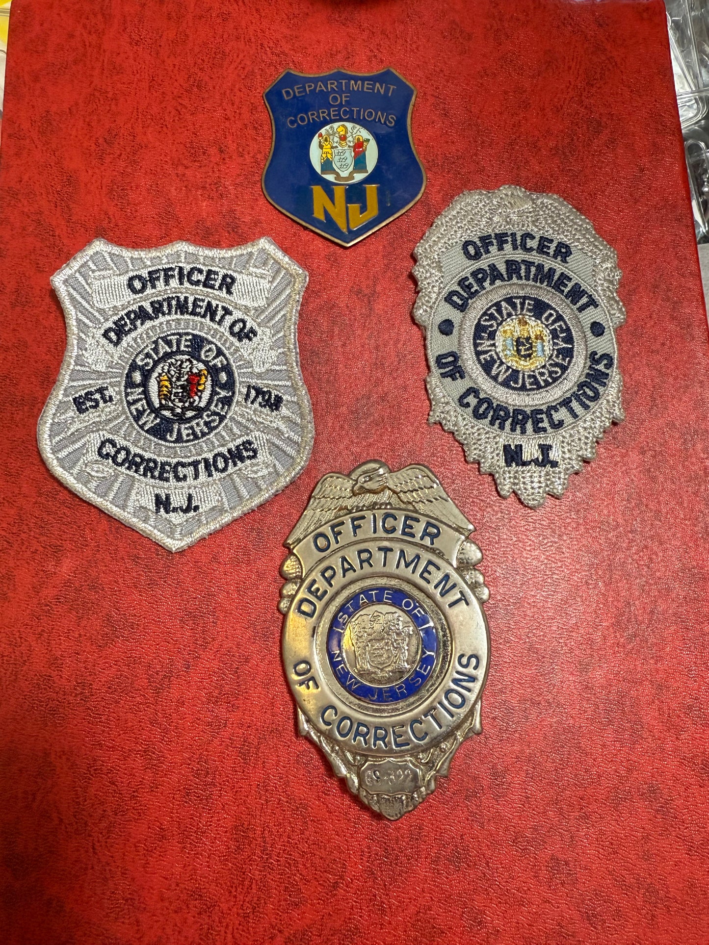 Set of Obsolete NJ DEPT OF CORRECTIONS Badge, Patches & Plaque Emblem