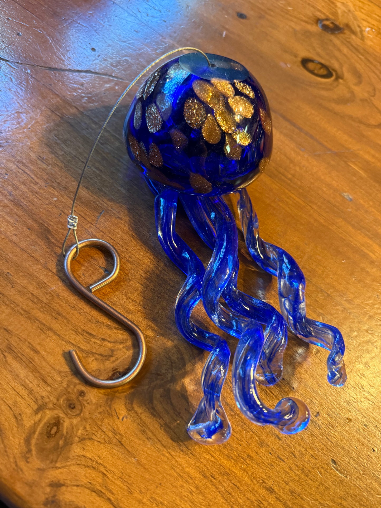 Glass Jellyfish Wind Chime Blue Gold 8”