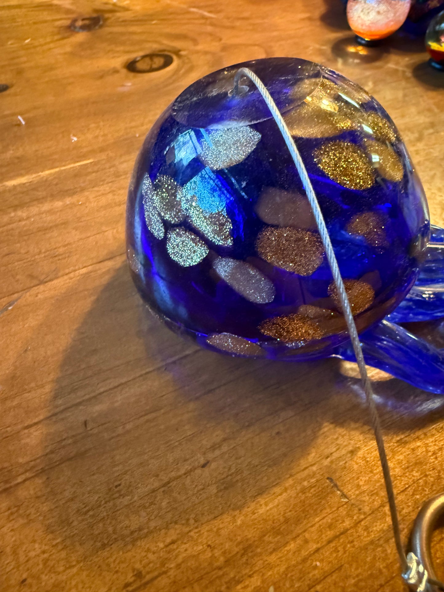 Glass Jellyfish Wind Chime Blue Gold 8”