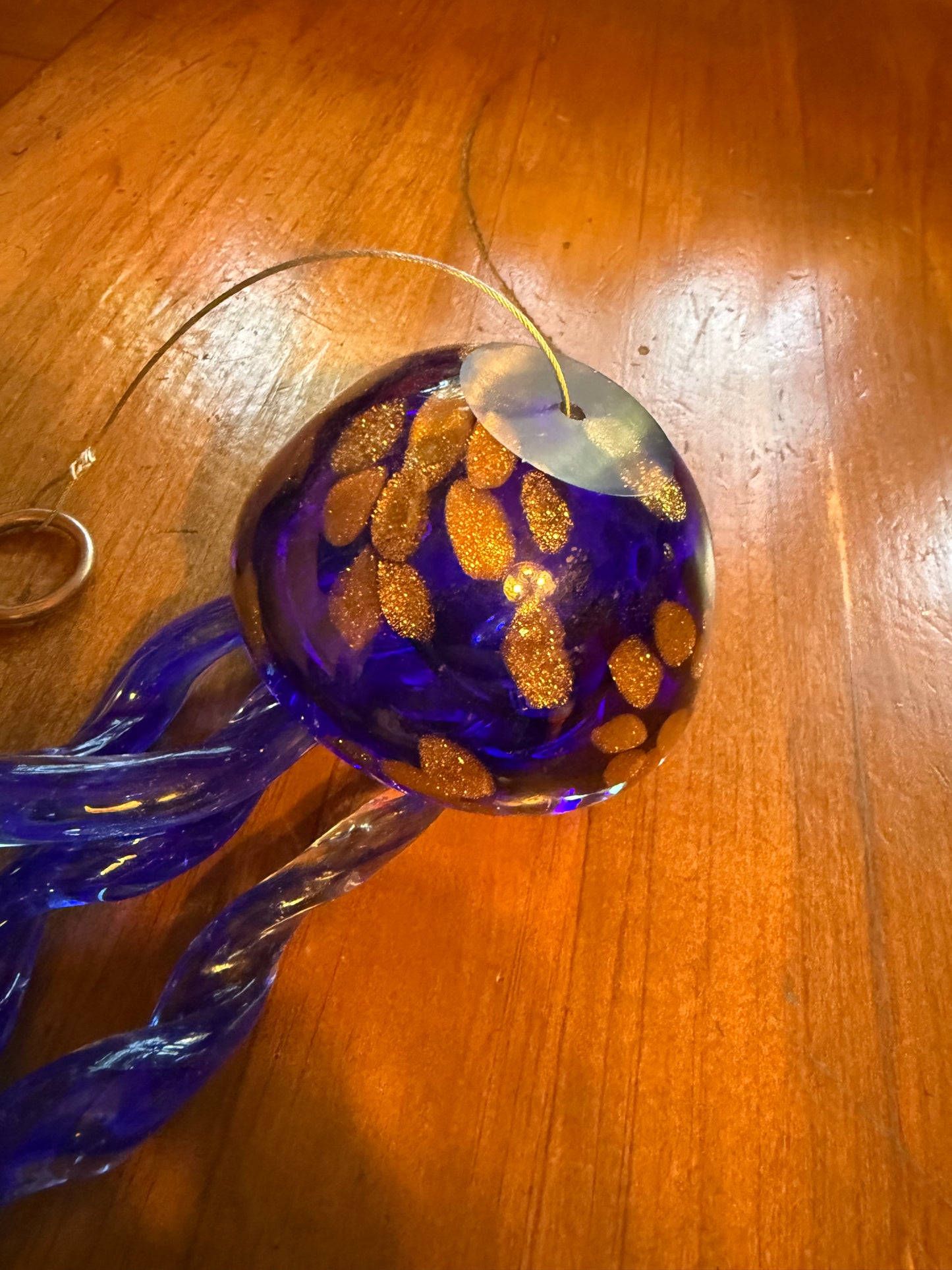 Glass Jellyfish Wind Chime Blue Gold 8”