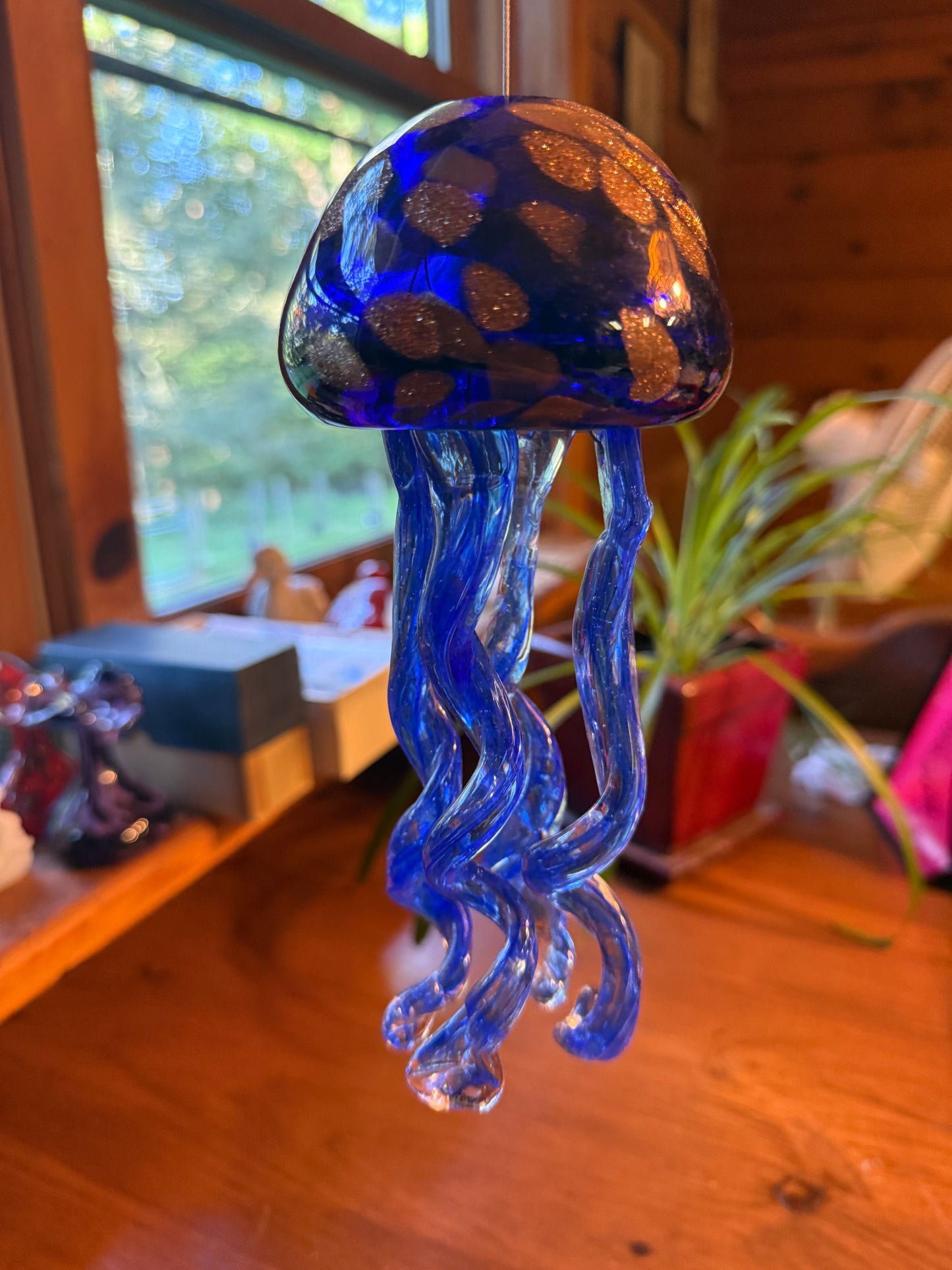 Glass Jellyfish Wind Chime Blue Gold 8”