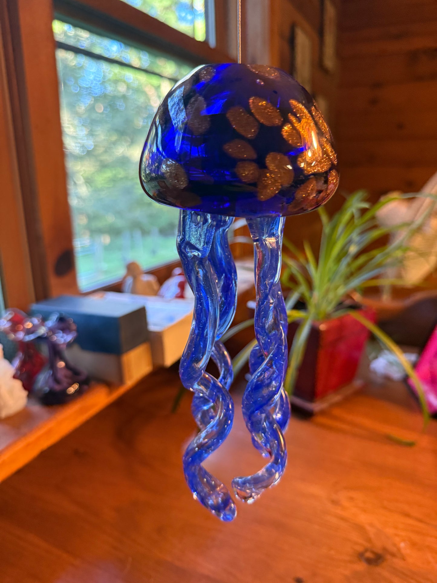 Glass Jellyfish Wind Chime Blue Gold 8”