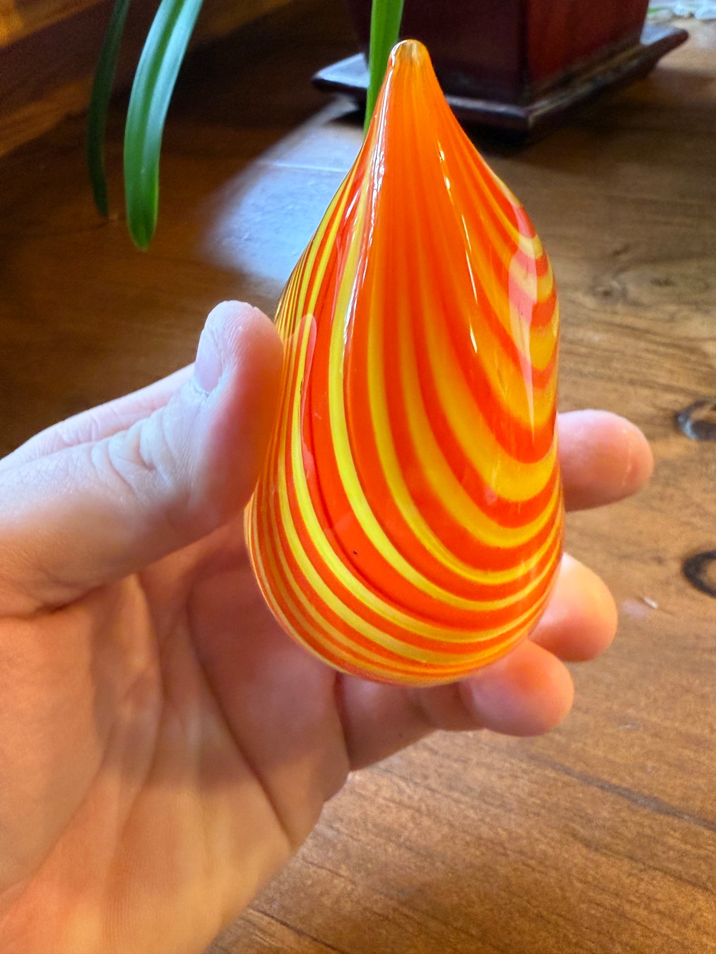 Murano Style Art Glass Heart Paperweight Orange Yellow Swirl Blown Glass