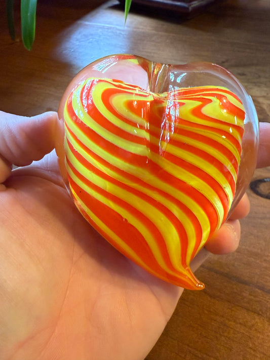 Murano Style Art Glass Heart Paperweight Orange Yellow Swirl Blown Glass