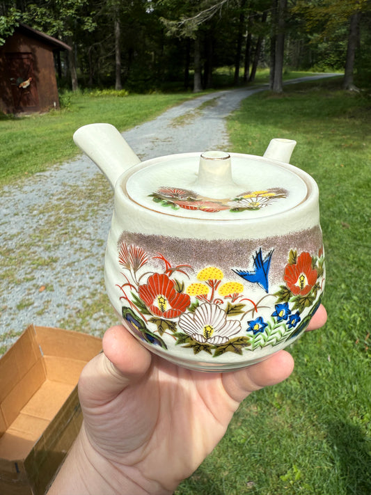 Vintage Japanese Kyusu Side Handle Teapot Floral Butterfly Crackle Glaze