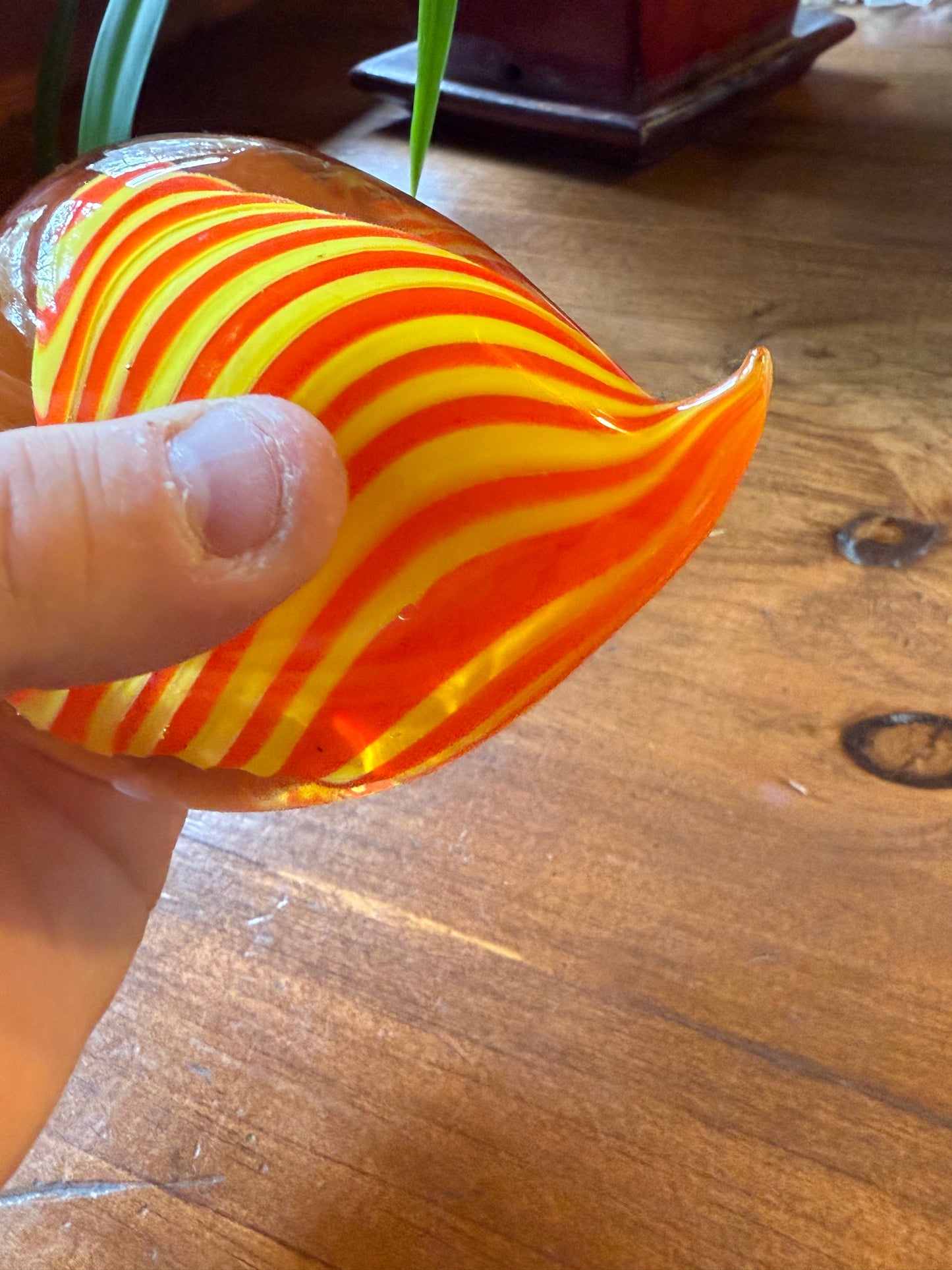 Murano Style Art Glass Heart Paperweight Orange Yellow Swirl Blown Glass
