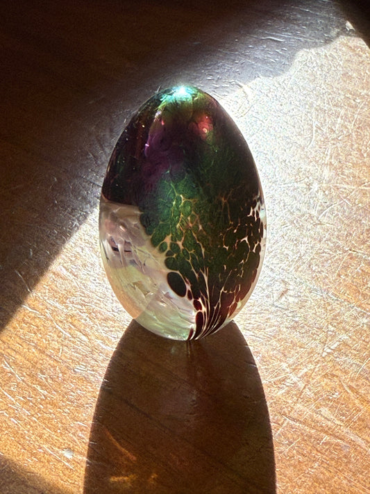 Hand Blown Art Glass Egg Paperweight Multicolor Inclusions 2.25”