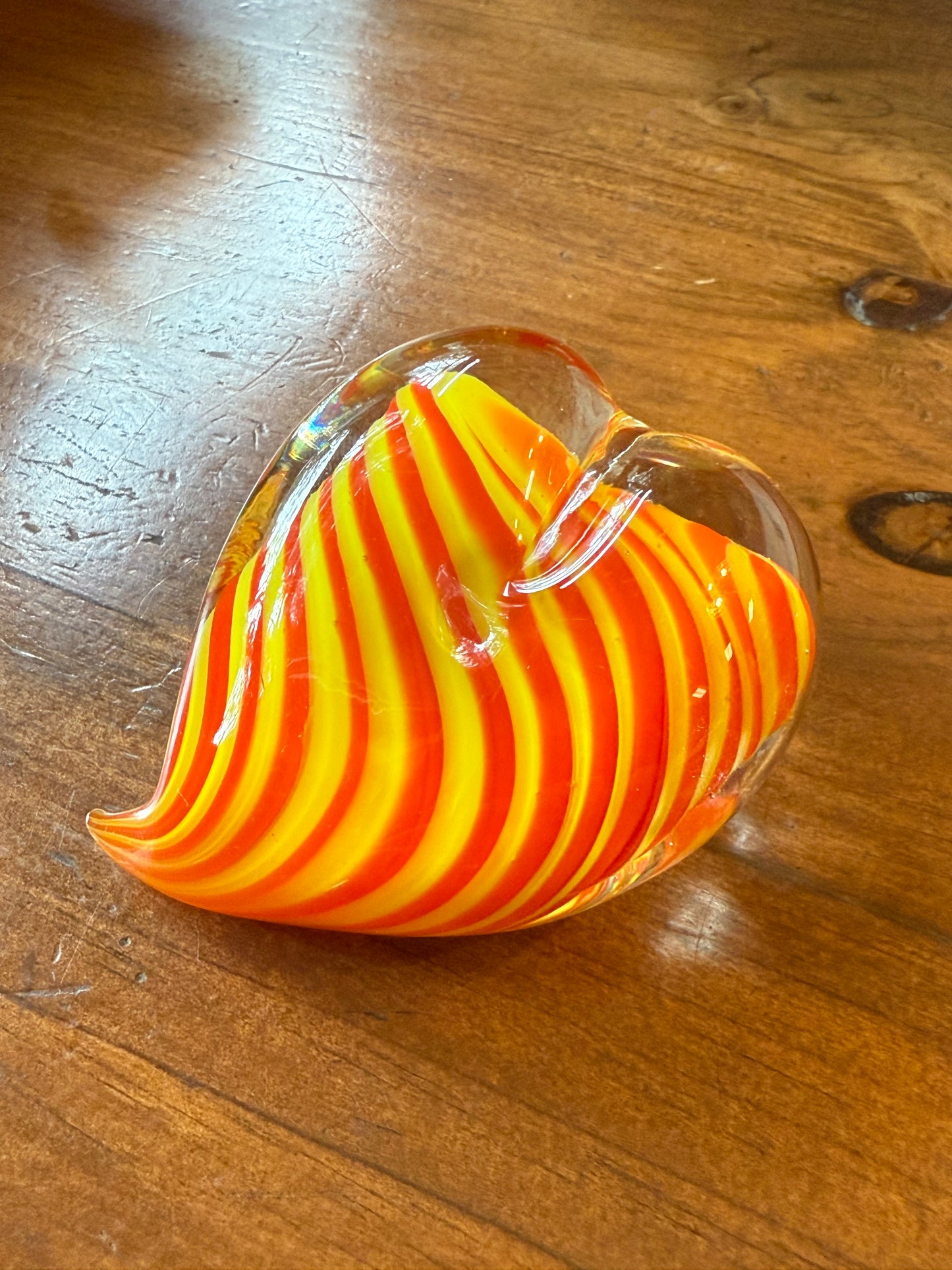 Murano Style Art Glass Heart Paperweight Orange Yellow Swirl Blown Glass