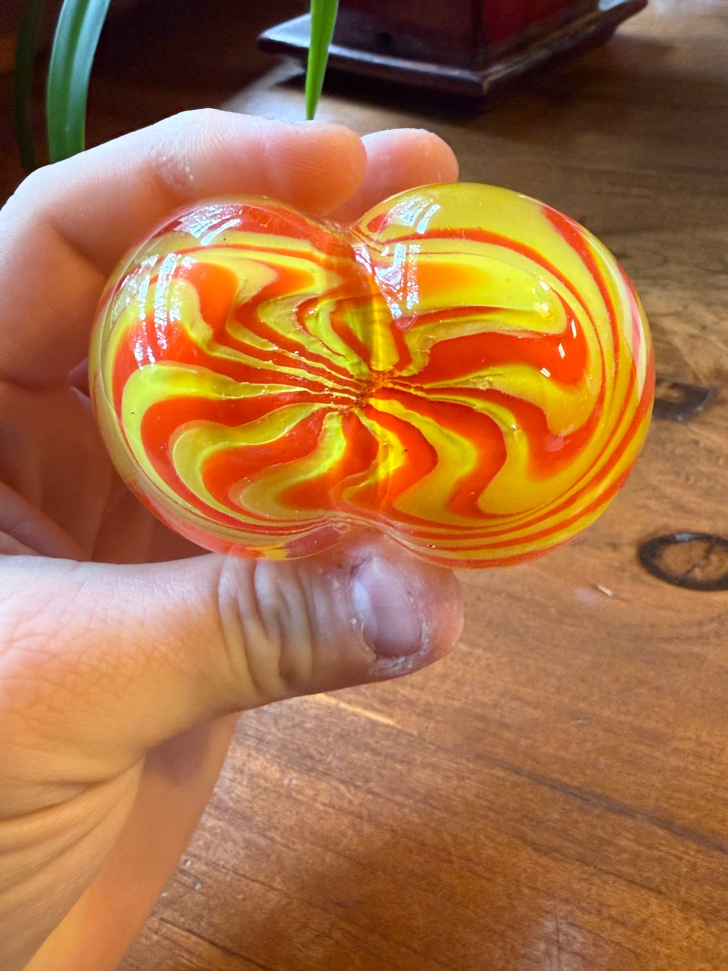 Murano Style Art Glass Heart Paperweight Orange Yellow Swirl Blown Glass
