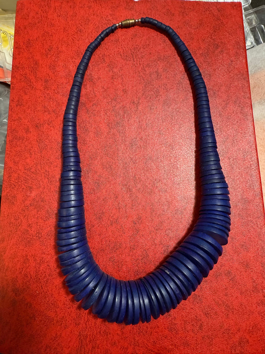 Vintage 1980s Blue Disc Wooden Necklace