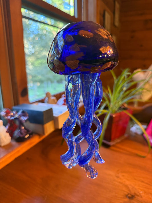 Glass Jellyfish Wind Chime Blue Gold 8”