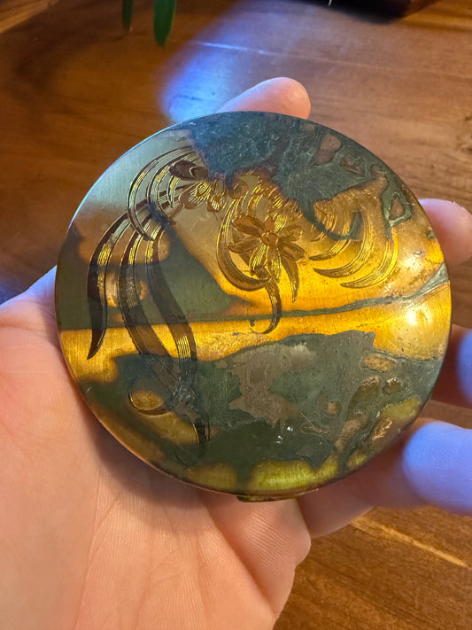 Vintage Elgin American Compact Mirror Floral Design 1940s Gold Tone USA