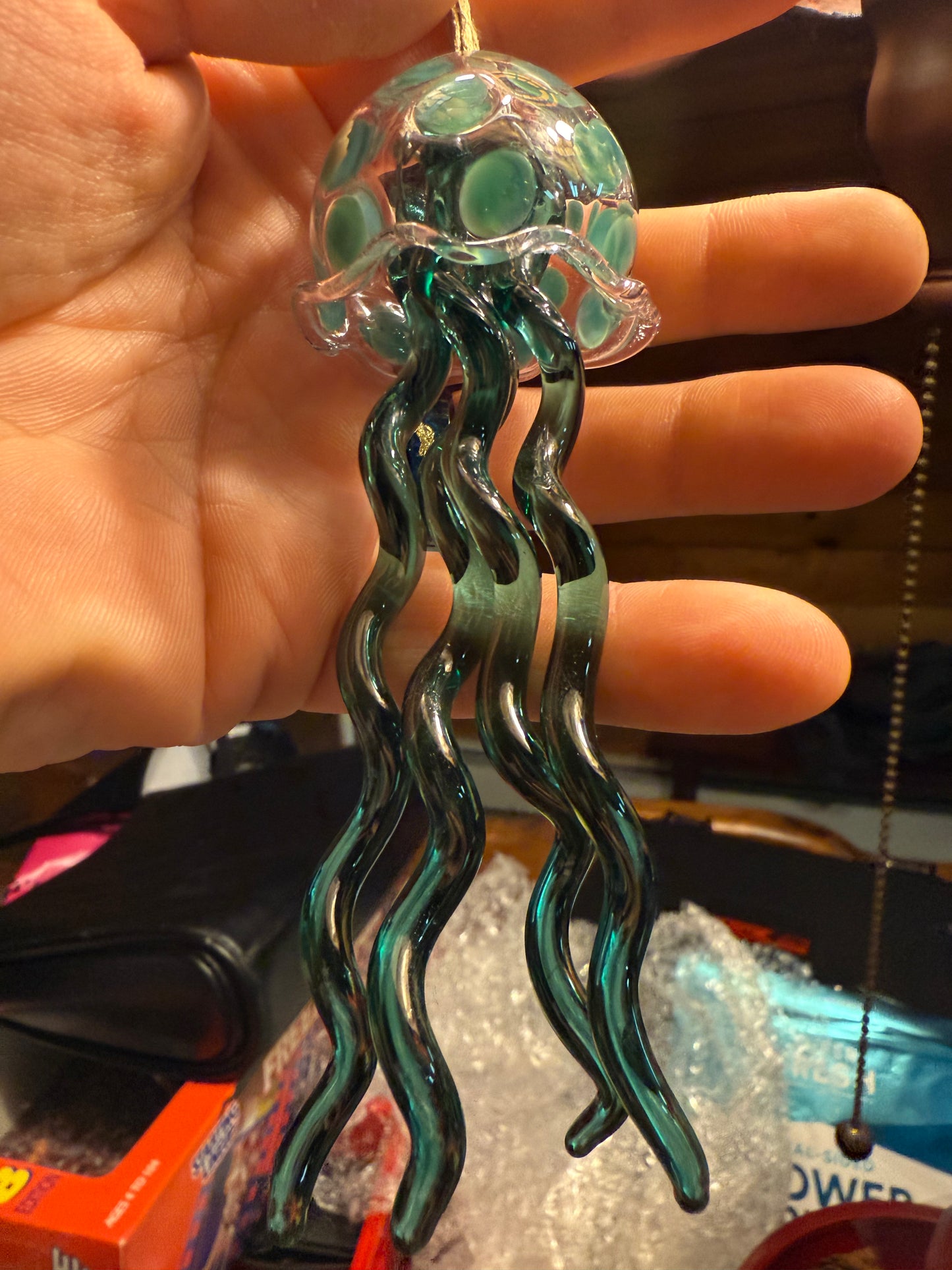 Glass Jellyfish Wind Chime Green Clear 5”